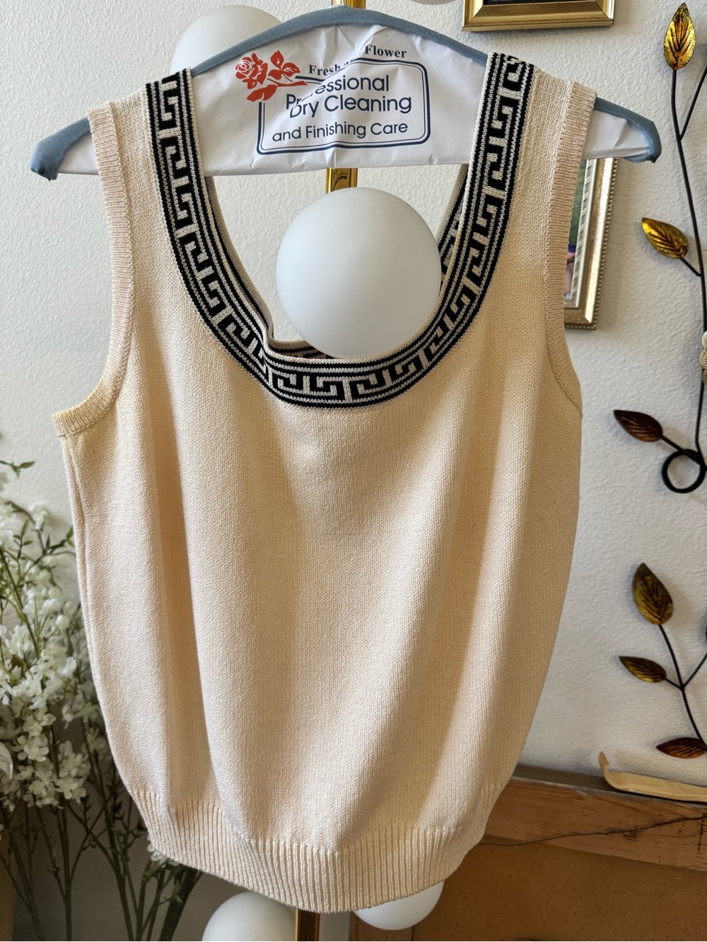 St. John Cream Knit Tank with Black Greek Key Trim